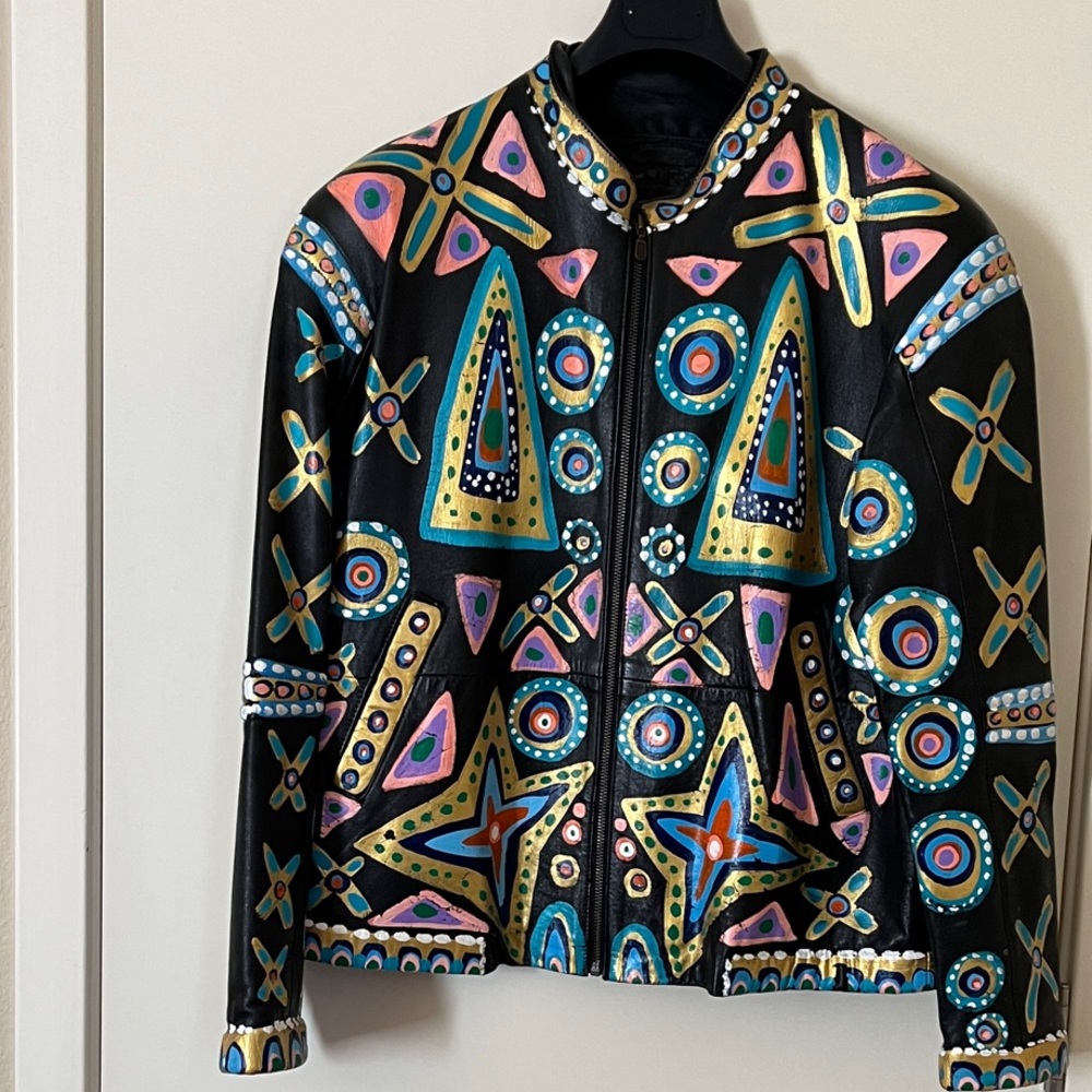 Colorful Patterned Leather Jacket - image 1